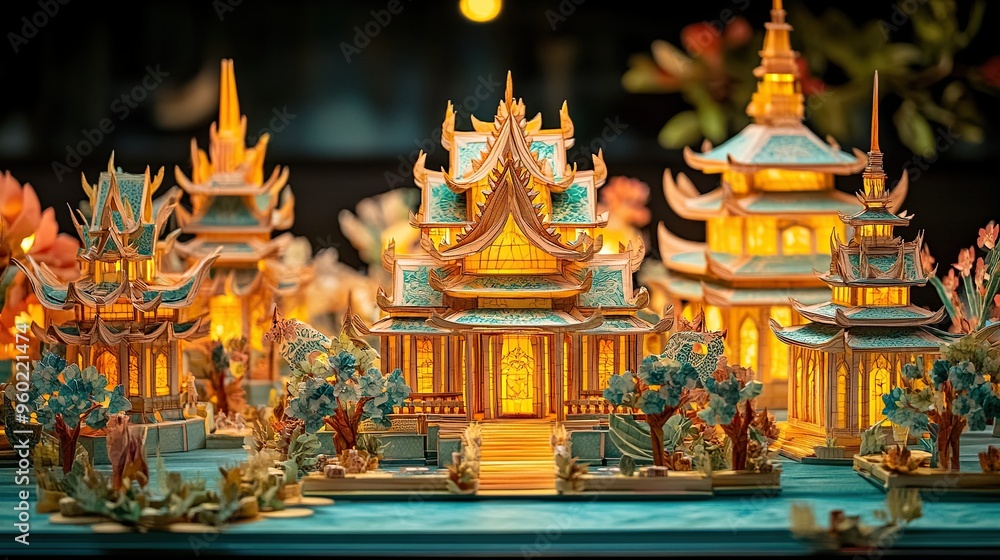 Fototapeta premium 27. A 3D paper art scene with a Thai-inspired cultural festival, featuring elaborate paper decorations, traditional costumes, and vibrant parades. The artwork uses bold colors and detailed textures