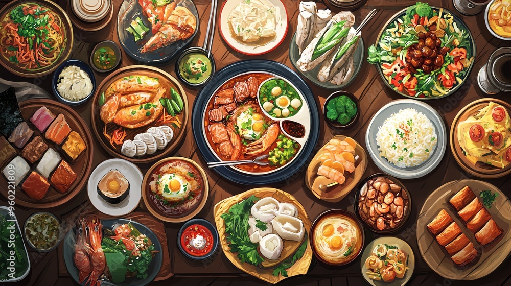 A Table Spread with Various Asian Dishes A Table Spread with Various Asian Dishes