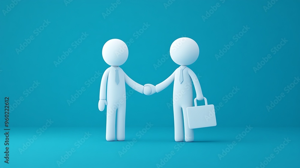 Two simple white figures shaking hands one in business attire holding briefcase on solid background Two simple white figures shaking hands one in business attire holding briefcase on solid background