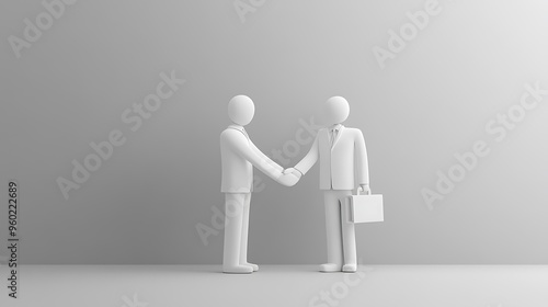 Two white figures shaking hands one in business attire with briefcase on solid background