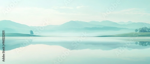 Serene summer landscape panorama featuring soft pastel hues and neutral tones, capturing a tranquil and timeless aesthetic