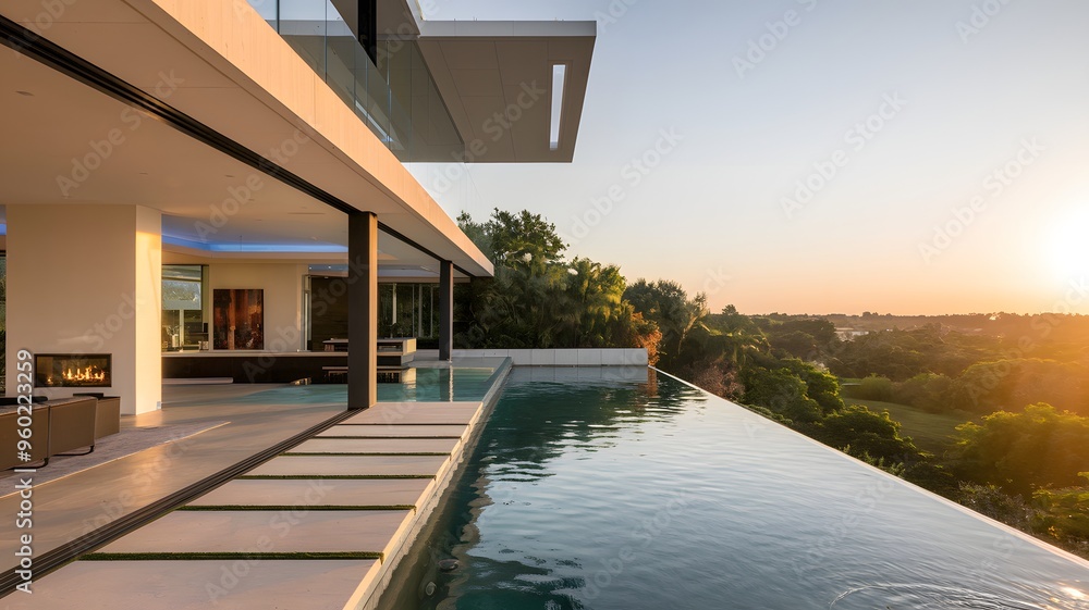 Fototapeta premium A modern architectural residence during sunset. The house features expansive glass windows and doors, allowing an unobstructedview of the lush greenery outside