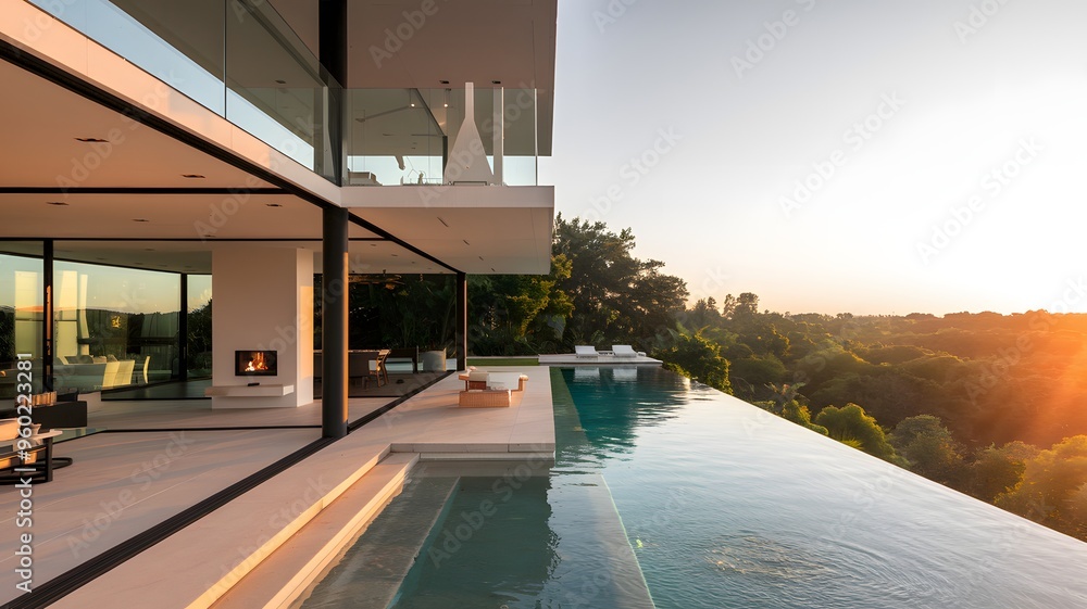 Fototapeta premium A modern architectural residence during sunset. The house features expansive glass windows and doors, allowing an unobstructedview of the lush greenery outside