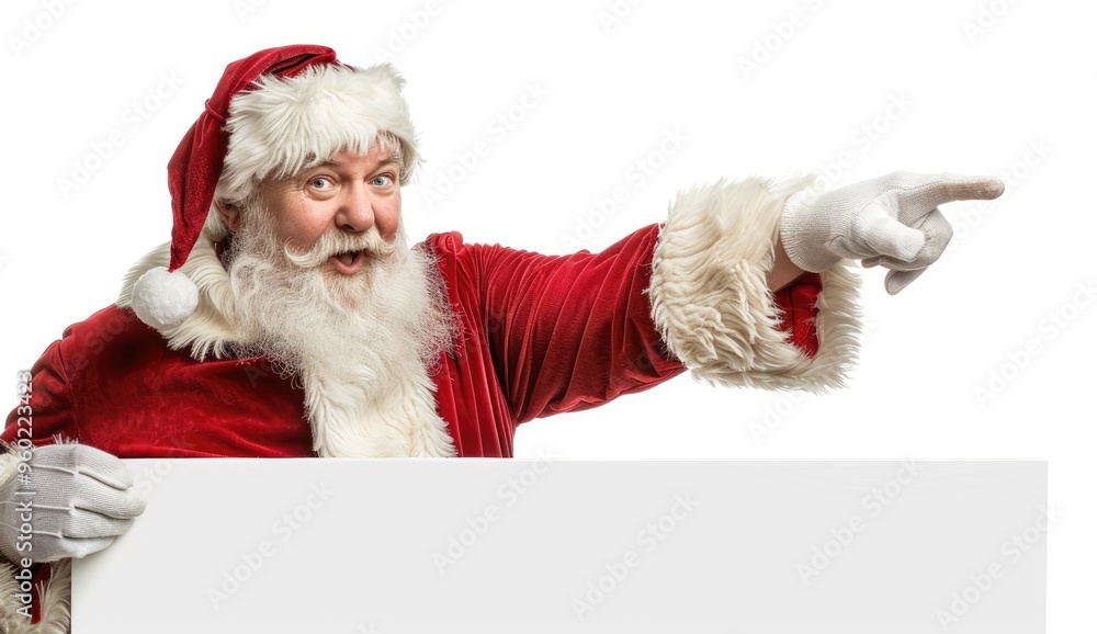 Naklejka premium Photo of a Santa with white gloves and red suit peeking over the edge on a side, pointing at empty space for text or product in the center.