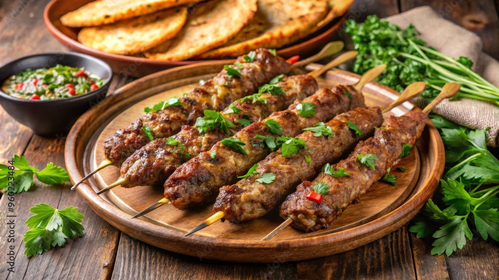Delicious grilled kebabs garnished with herbs, served with bread and green sauce on a rustic wooden table. Delicious grilled kebabs garnished with herbs, served with bread and green sauce on a rustic wooden table.