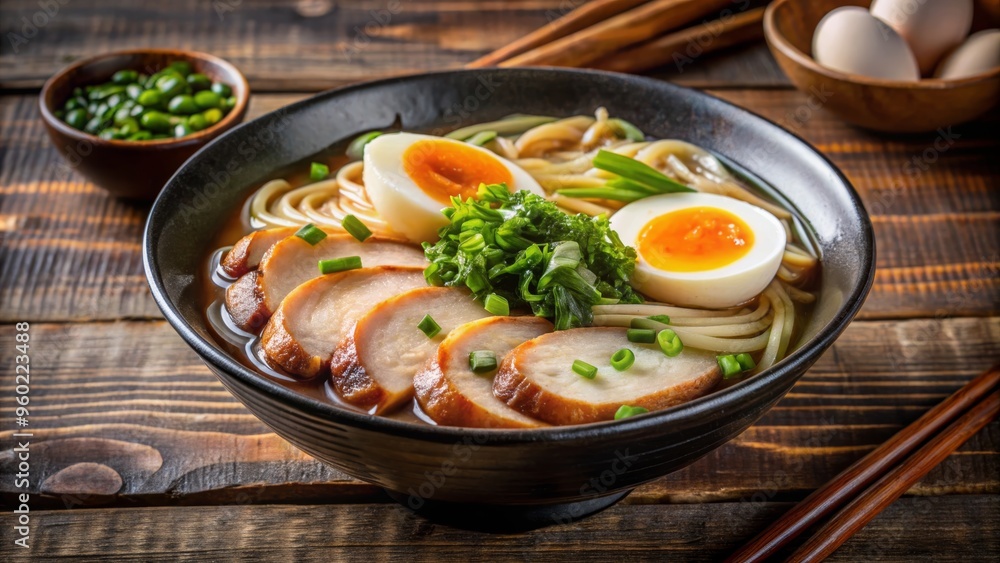 Delicious bowl of ramen featuring tender pork, soft-boiled eggs, and fresh greens, perfect for a comforting meal. Delicious bowl of ramen featuring tender pork, soft-boiled eggs, and fresh greens, perfect for a comforting meal.