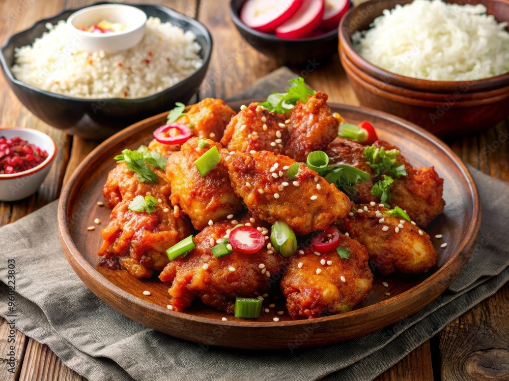 Deliciously cooked chicken wings served with rice and fresh garnishes on a rustic table setting. Deliciously cooked chicken wings served with rice and fresh garnishes on a rustic table setting.