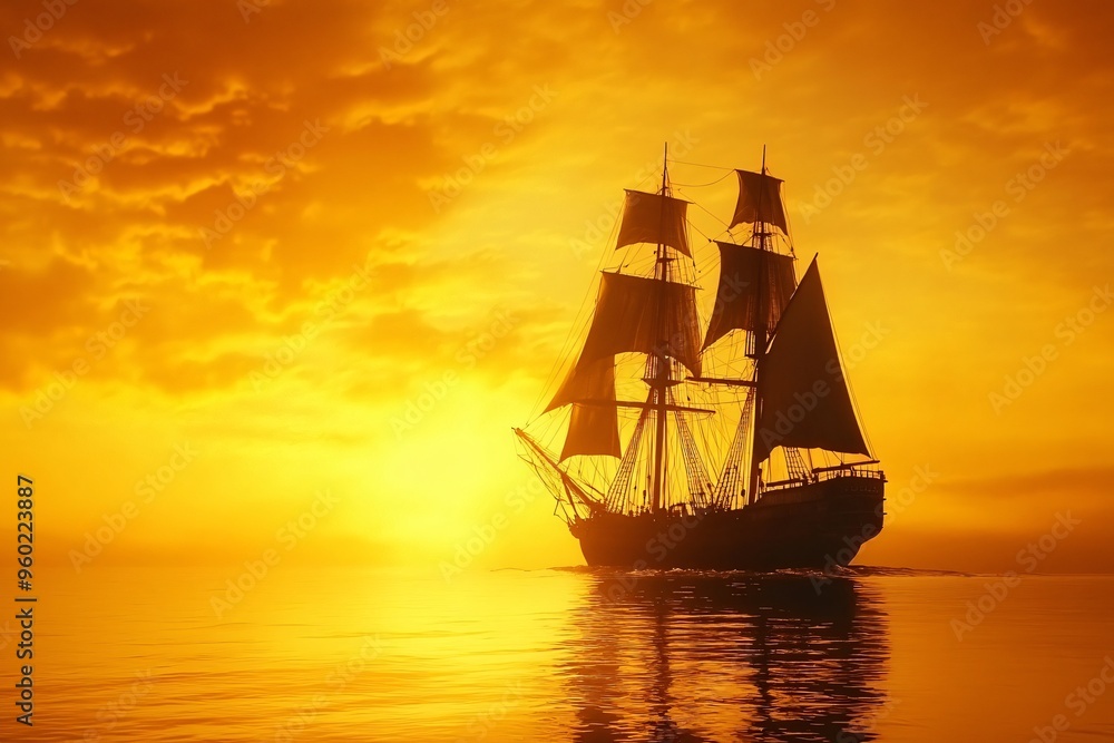Obraz premium Silhouette of a Ship Against a Dramatic Sunset