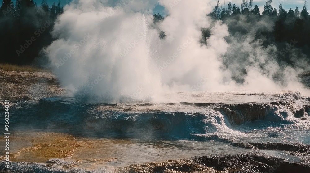 A close-up of Yellowstonegeysers erupting, the water and steam creating dramatic visuals. A close-up of Yellowstonegeysers erupting, the water and steam creating dramatic visuals.