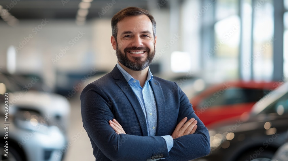 Confident Car Salesman in Showroom Confident Car Salesman in Showroom