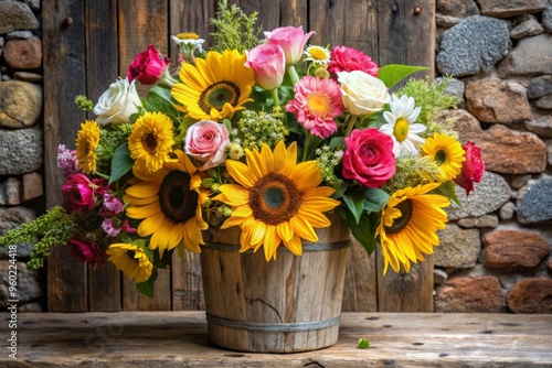 Vibrant bouquet of sunflowers and roses in a rustic wooden bucket, perfect for home decor or gift inspiration.