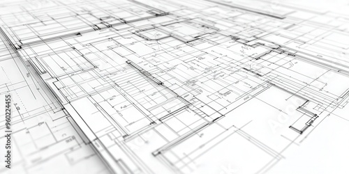 Detailed black-and-white architectural floor plan, featuring precise technical drawings and annotations, serving as a classic blueprint background for design and construction projects 