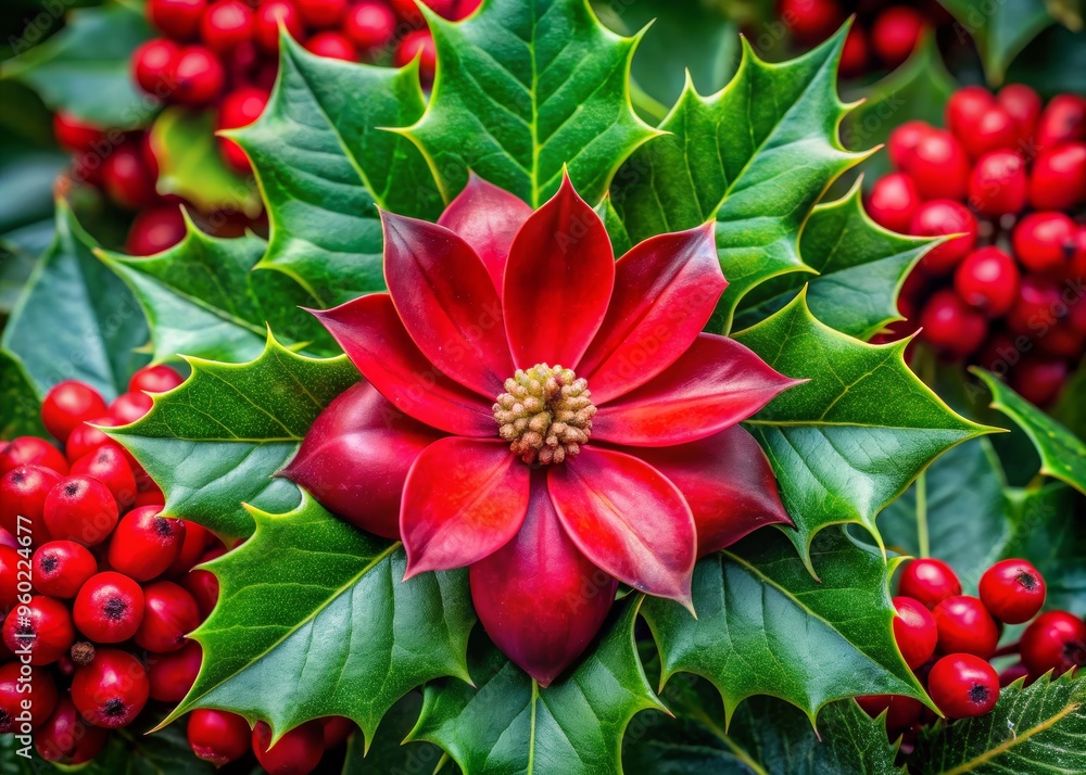 Obraz premium Vibrant red flower with holly leaves and berries, perfect for holiday decorations and festive themes in photography and design.