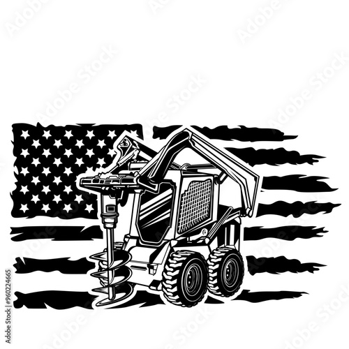 US Skid Steer | Construction | Heavy Equipment | US Flag | Skilled Driver | Hydraulic Operator | Drilling Machine | Mining | Original Illustration | Vector and Clipart | Cutfile and Stencil