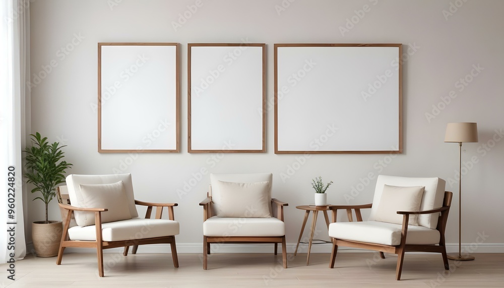 Two wooden framed blank canvases hanging on a white wall above two beige armchairs and a small wooden table. Two wooden framed blank canvases hanging on a white wall above two beige armchairs and a small wooden table.