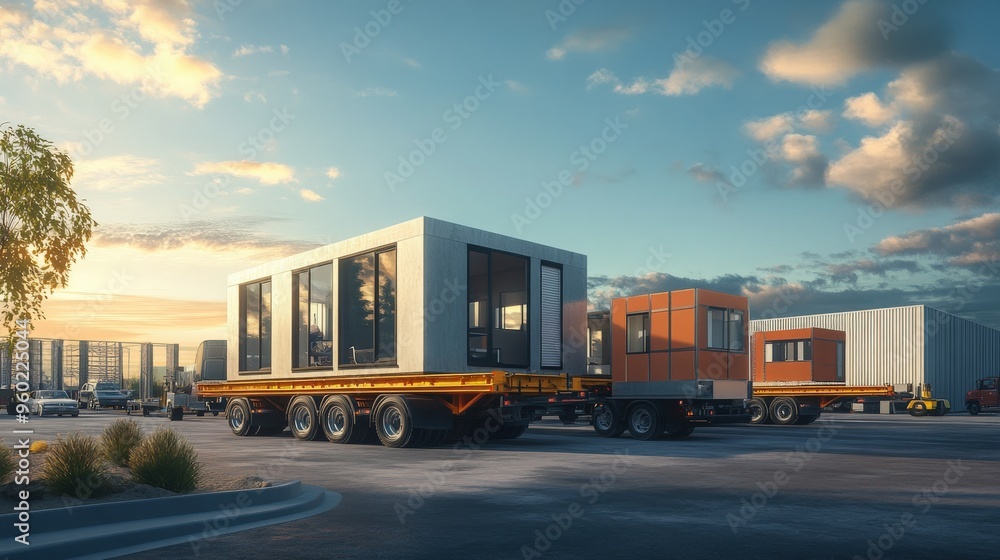 Flatbed trucks delivering prefabricated modular units or site cabins to a construction site, facilitating efficient project setup and temporary office solutions Flatbed trucks delivering prefabricated modular units or site cabins to a construction site, facilitating efficient project setup and temporary office solutions