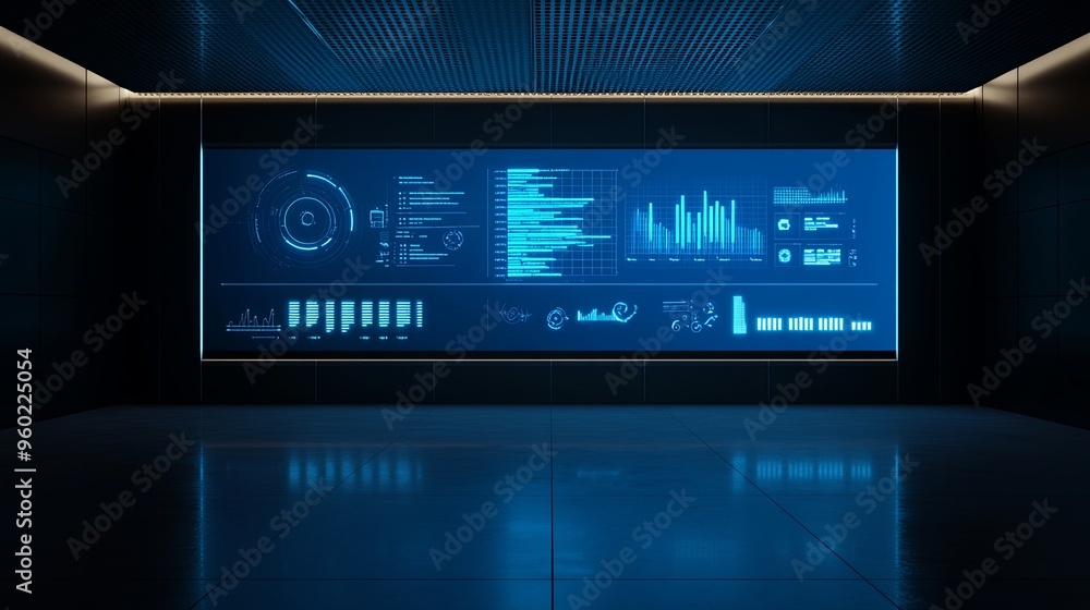 Modern business center with a digital marketing dashboard displayed on a large screen, showcasing key performance indicators and metrics. Modern business center with a digital marketing dashboard displayed on a large screen, showcasing key performance indicators and metrics.