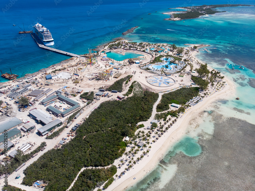 Aerial drone photo of CocoCay locally known as Little Stirrup in the Bahamas one of the Berry Islands, a collection of cays and small islands located the north of Nassau.