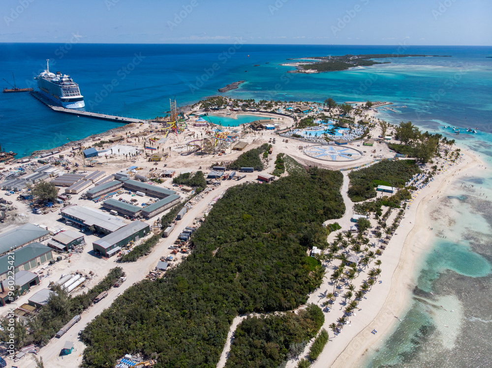 Aerial drone photo of CocoCay locally known as Little Stirrup in the Bahamas one of the Berry Islands, a collection of cays and small islands located the north of Nassau.