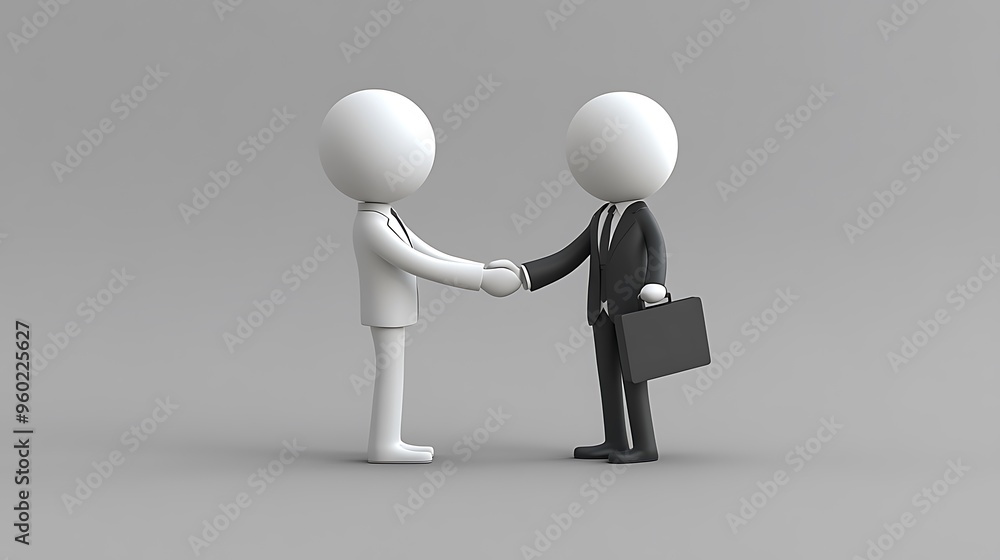 Two simple figures shaking hands one wearing business attire holding briefcase and the other with white skin Two simple figures shaking hands one wearing business attire holding briefcase and the other with white skin