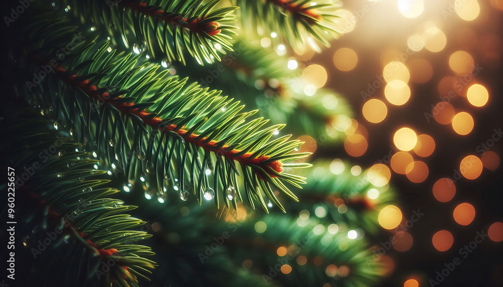 A pine tree branch with droplets of water showcasing vibrant green needles. The background features soft blurred bokeh lights in warm tones a festive atmosphere A pine tree branch with droplets of water showcasing vibrant green needles. The background features soft blurred bokeh lights in warm tones a festive atmosphere
