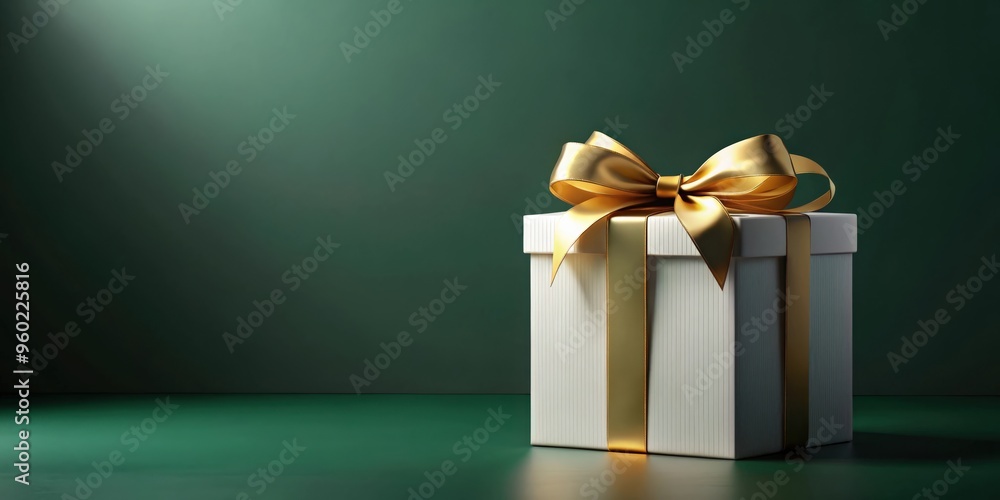Exhibition booth display stand or blank gift box with gold ribbon bow isolated on dark green background rendering Exhibition booth display stand or blank gift box with gold ribbon bow isolated on dark green background rendering