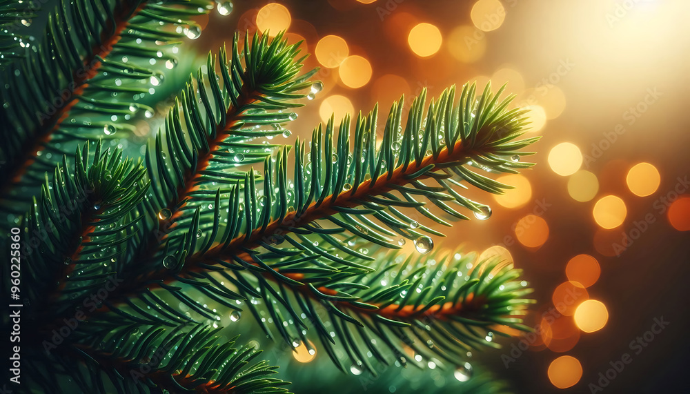 A pine tree branch with droplets of water showcasing vibrant green needles. The background features soft blurred bokeh lights in warm tones a festive atmosphere A pine tree branch with droplets of water showcasing vibrant green needles. The background features soft blurred bokeh lights in warm tones a festive atmosphere