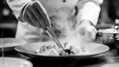 Chef plating a gourmet dish with tongs and smoke