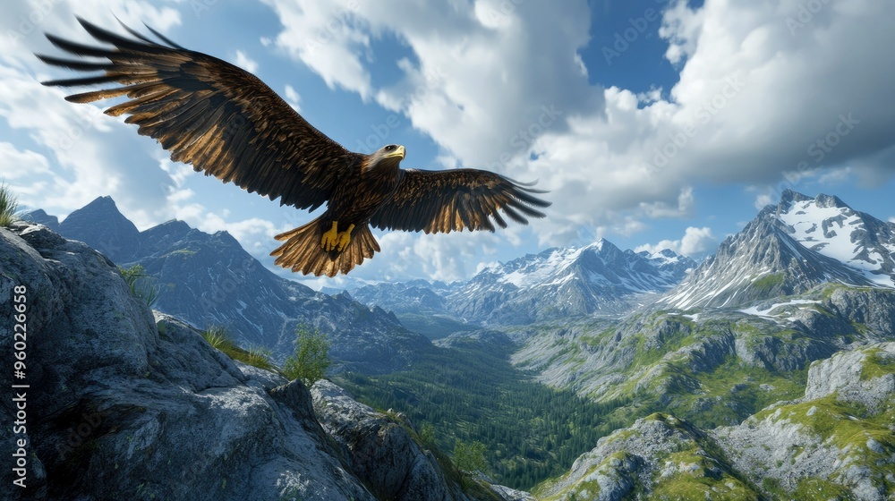 Fototapeta premium A majestic eagle soaring high above a rugged mountain landscape.