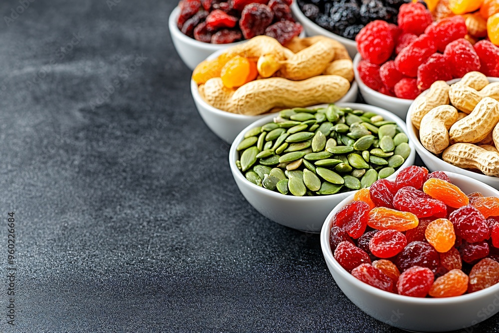 Assortment of Dried Fruits and Nuts in Bowls Assortment of Dried Fruits and Nuts in Bowls