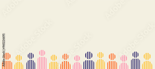 Social diversity horizontal banner, color minimalism silhouettes of people on the light background, slide template with copy space