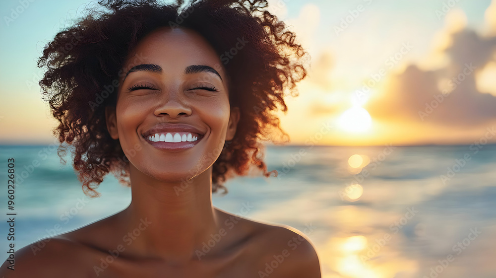A joyful woman smiling at sunset by the beach. A joyful woman smiling at sunset by the beach.