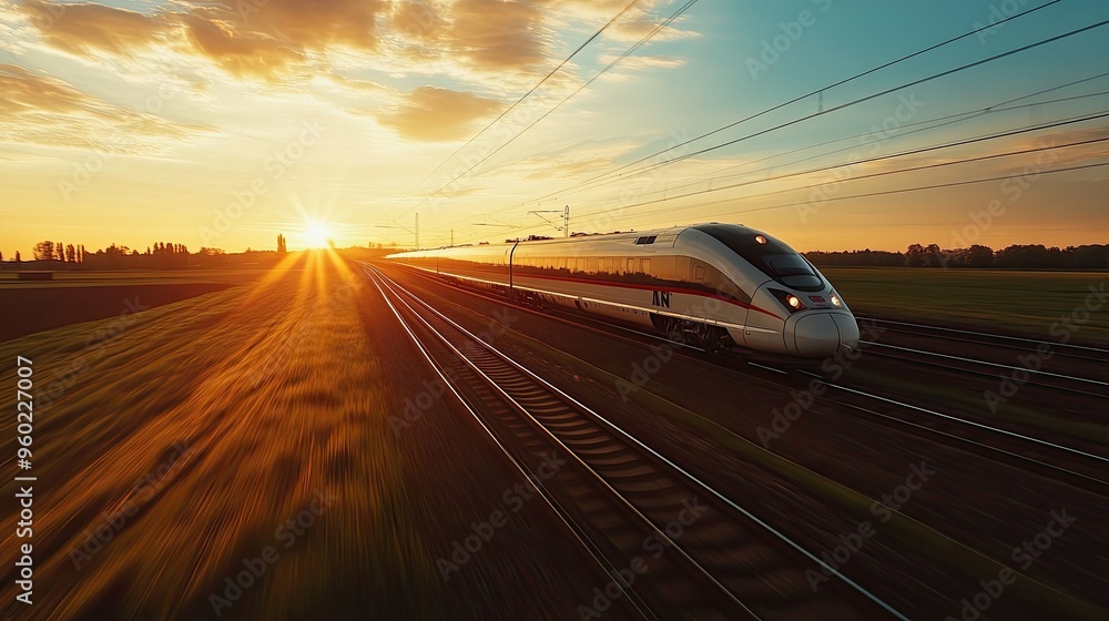 Obraz premium A modern Russian high-speed train speeding through a rural landscape at sunset.