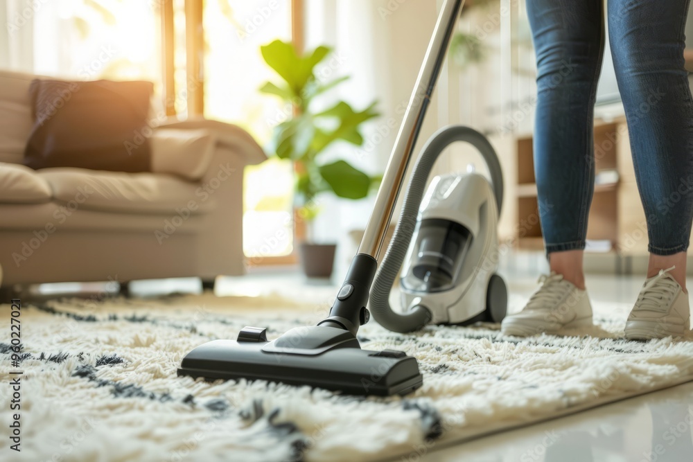 Fototapeta premium Close-up vacuum cleaner, woman uses vacuum cleaner at home. AI generative