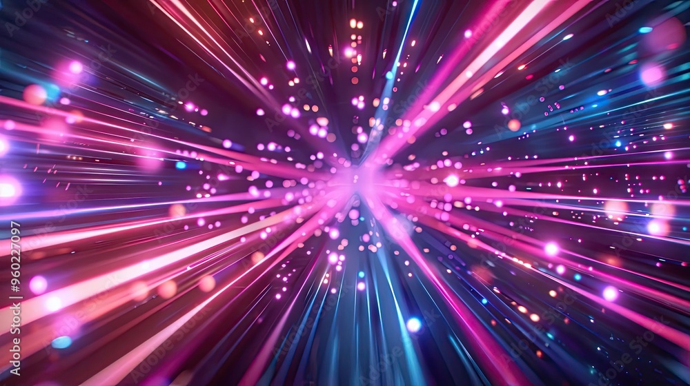 Vibrant burst of colorful light rays creating a dynamic, abstract background with sparkles and energy in pink and blue hues. Vibrant burst of colorful light rays creating a dynamic, abstract background with sparkles and energy in pink and blue hues.