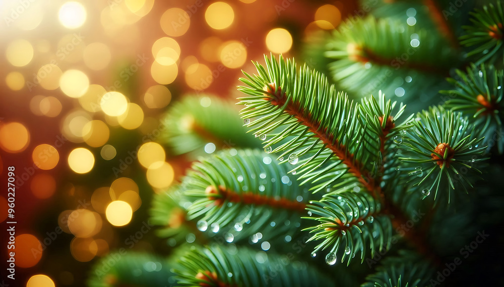 A pine tree branch with droplets of water showcasing vibrant green needles. The background features soft blurred bokeh lights in warm tones a festive atmosphere A pine tree branch with droplets of water showcasing vibrant green needles. The background features soft blurred bokeh lights in warm tones a festive atmosphere
