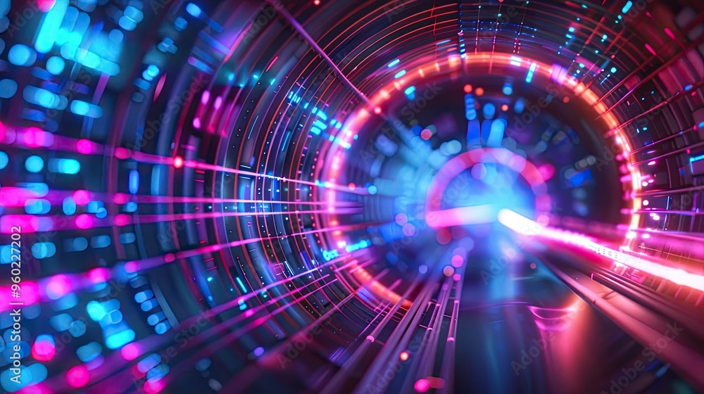 An abstract digital tunnel with vibrant lights and dynamic patterns, perfect for technology and futuristic themes. An abstract digital tunnel with vibrant lights and dynamic patterns, perfect for technology and futuristic themes.