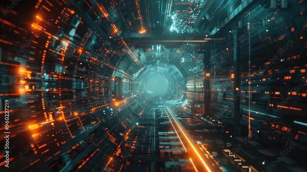 Fototapeta premium Futuristic tunnel with glowing lines, depicting a digital landscape in motion, ideal for sci-fi themes and technology visuals.