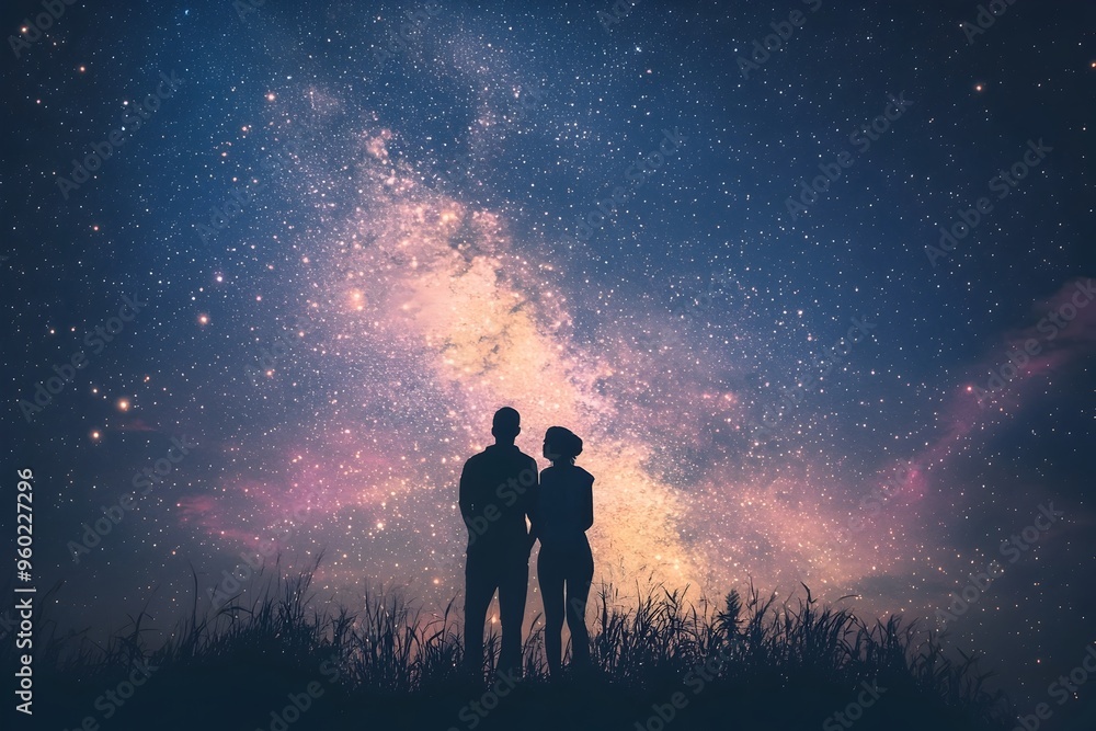 Silhouetted Couple Gazing at Stunning Milky Way Galaxy in Serene Nightscape Silhouetted Couple Gazing at Stunning Milky Way Galaxy in Serene Nightscape