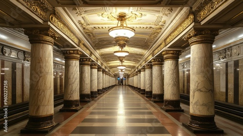 A Moscow metro station with its ornate architecture and marble columns.