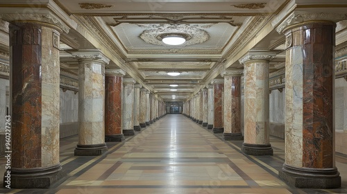 A Moscow metro station with its ornate architecture and marble columns.