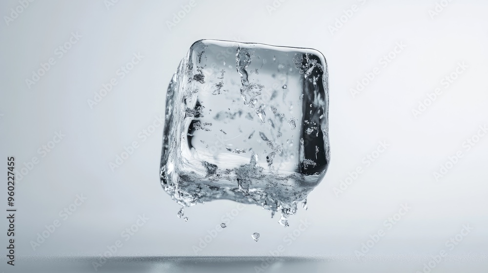 A single ice cube captured mid-fall, isolated against a white background, showcasing its clear, A single ice cube captured mid-fall, isolated against a white background, showcasing its clear,