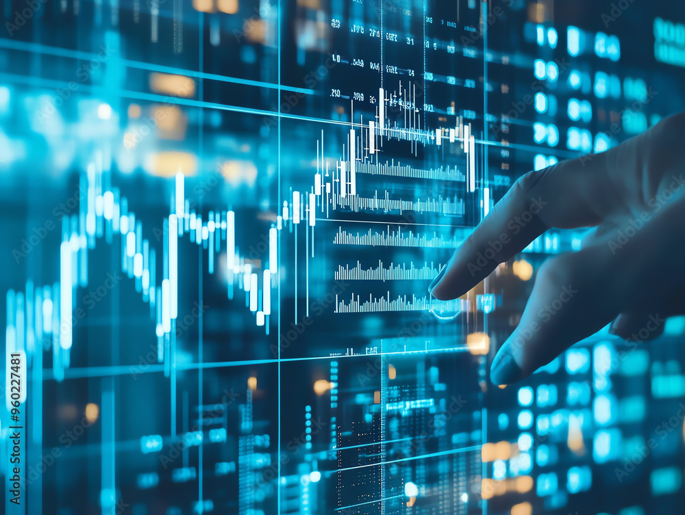 A hand interacts with digital financial chart, showcasing data analysis and trends in modern, high tech environment. A hand interacts with digital financial chart, showcasing data analysis and trends in modern, high tech environment.