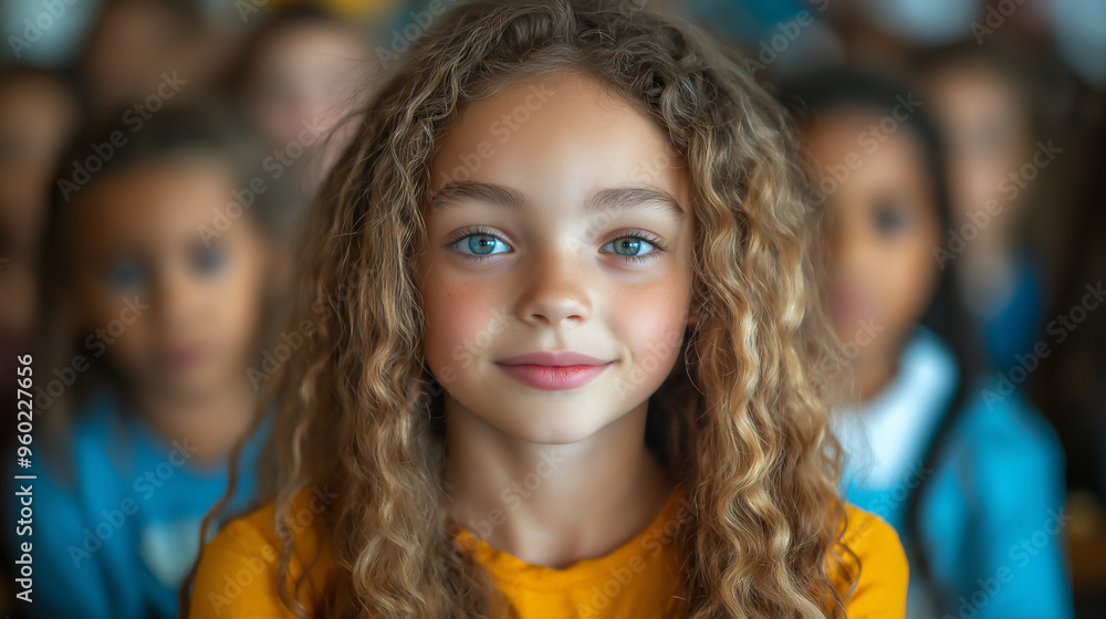 Close up of Joyful School Girl with curly blond hair and her Classmates behind her at Classroom. Selective Focus. Back to School Concept. Close up of Joyful School Girl with curly blond hair and her Classmates behind her at Classroom. Selective Focus. Back to School Concept.