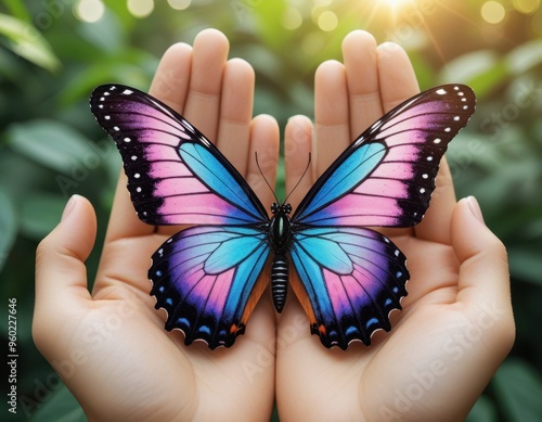 In the soft glow of twilight, a pair of open palms gently cradles a delicate digital butterfly. 