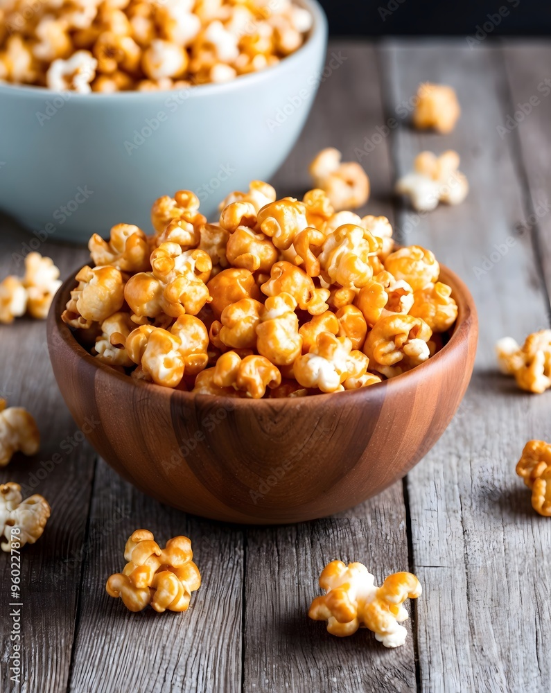 Sweet caramel popcorn in a bowl on a wooden background. Salted caramel popcorn. Caramel sauce. Sweet caramel popcorn in a bowl on a wooden background. Salted caramel popcorn. Caramel sauce.