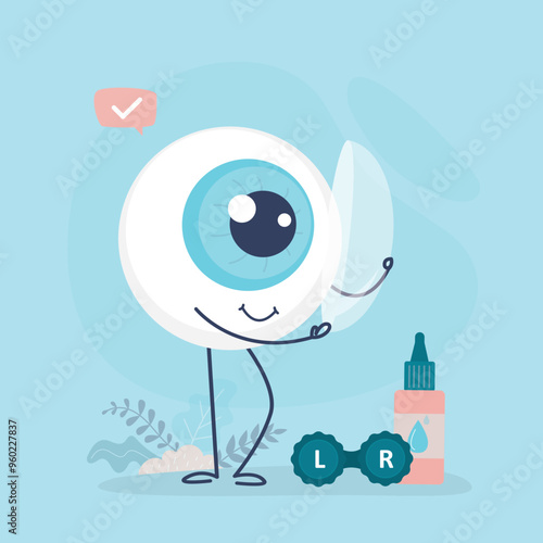 Eyeball mascot inserts contact lenses to improve vision or change eye color. Funny eye character uses lenses for vision correction. Nearsightedness or farsightedness.
