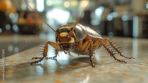 A brown cockroach is on the floor of a kitchen. The kitchen is clean and well-lit. Generative AI