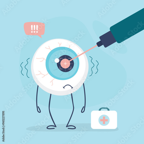 Lasik or laser surgery, banner or poster design for ophthalmology medicine. Eye vision correction by laser surgery. Unhappy sick eyeball on surgery operation.