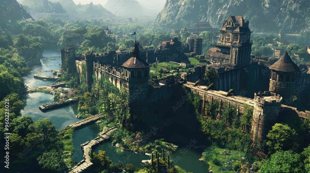 Fototapeta premium A panoramic view of a historic castle surrounded by lush gardens and a moat.